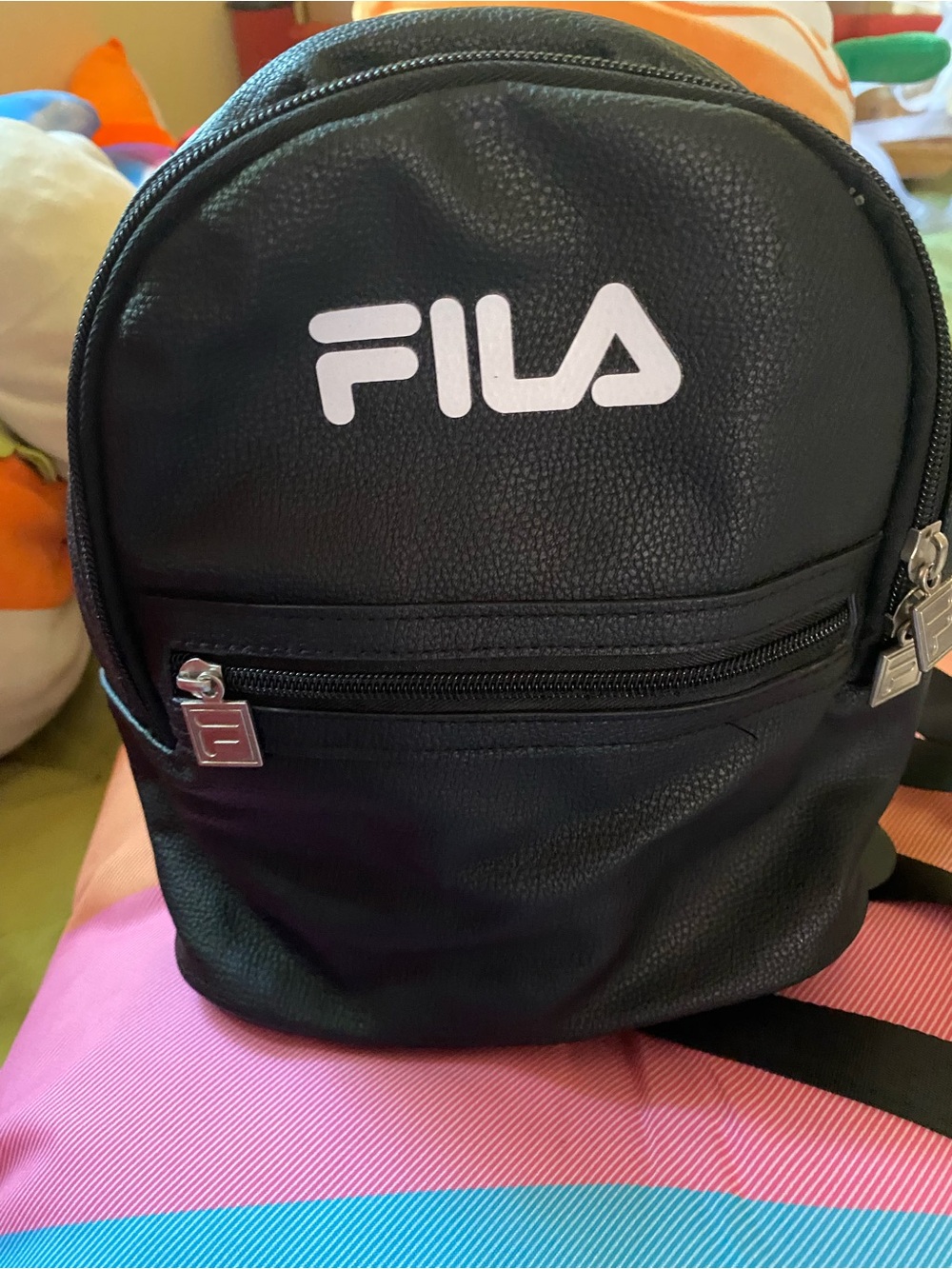 FILA Black Mini Faux Leather Backpack with Front Zip Pocket